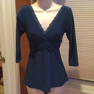 Teal Blue 3/4 Sleeve top with peekaboo lace
